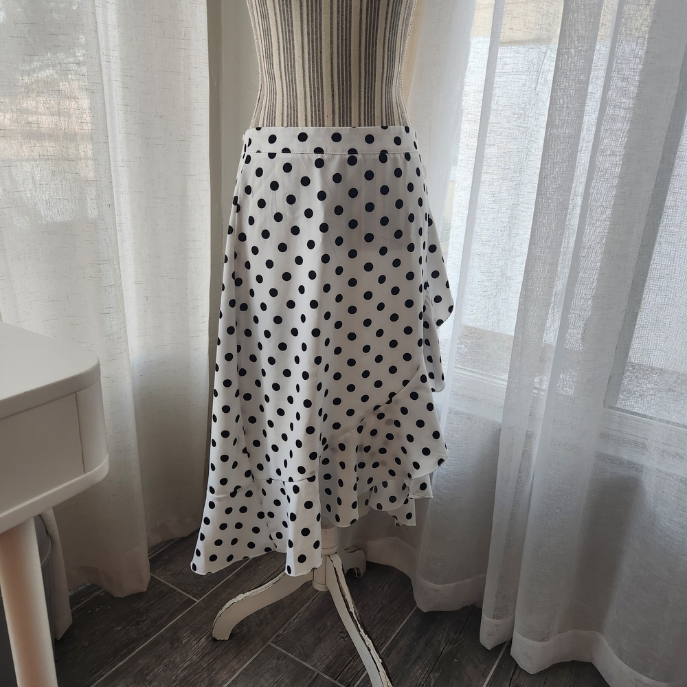 Polka Dot Asymmetrical Ruffle Hem Skirt - Black and White